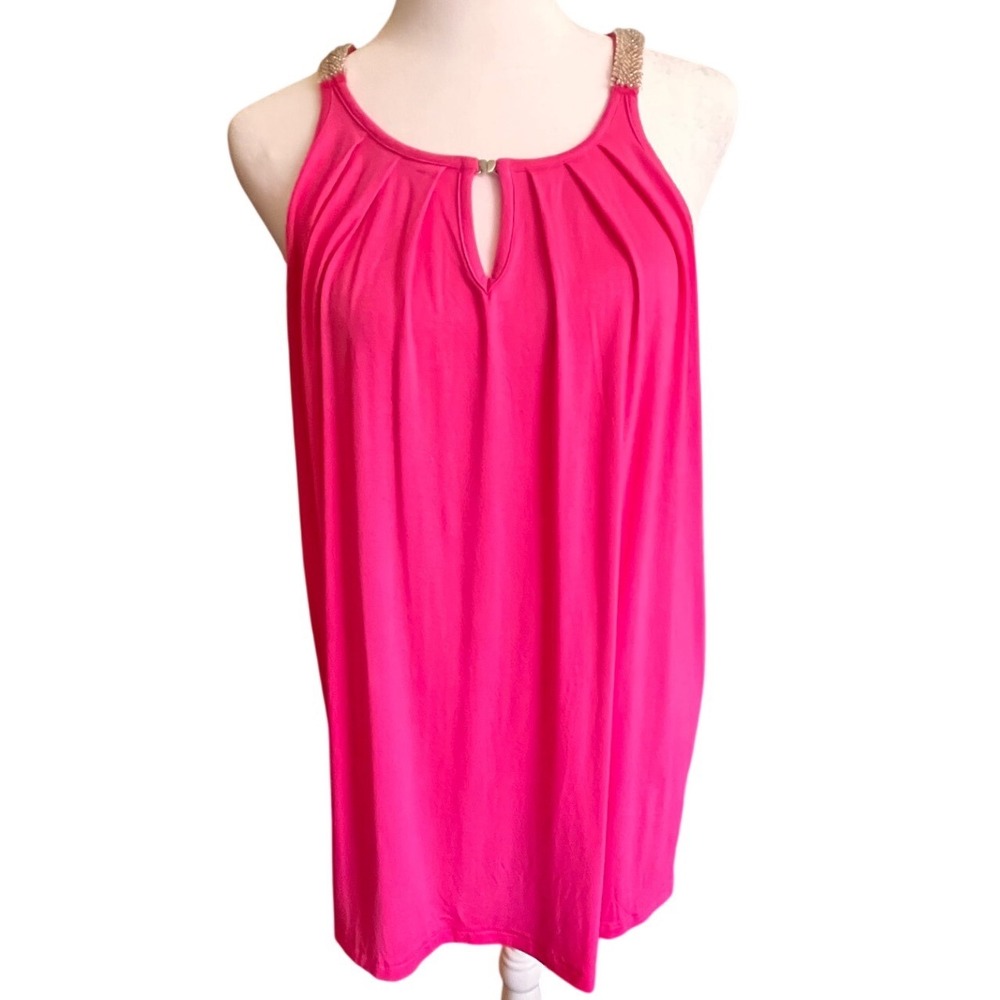NWOT MANER Hot Pink Beaded Strap Keyhole Pleated Tank Top Blouse Large